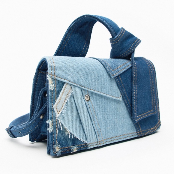 Zara patchwork denim mini city bag denim blue NWT - Picture 2 of 8